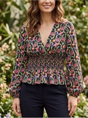 S Deer Smocked V-Neck Floral Blouse in Black with Pink & Green Print